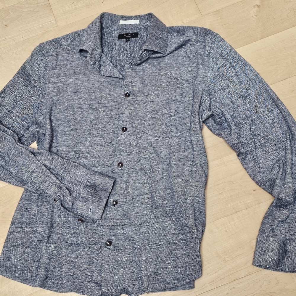 EUC -TED BAKER Men's Heathered Blue linen cotton knit Button Down Shirt - size 3